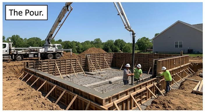 Concrete pump truck pouring concrete into foundation forms