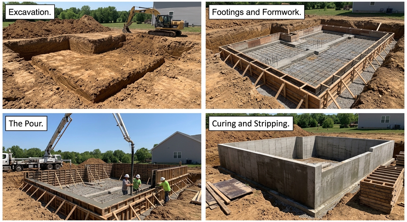 Collage showing steps of concrete foundation work