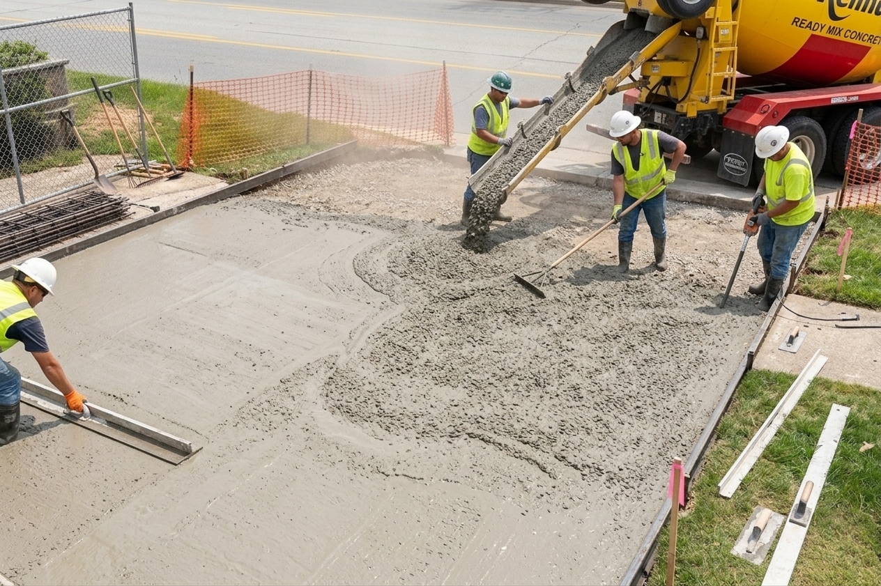 Crew pouring new concrete driveway.
