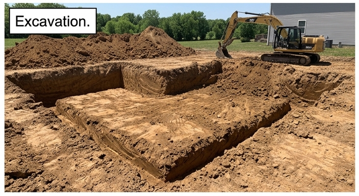 Excavator digging trench for house footings