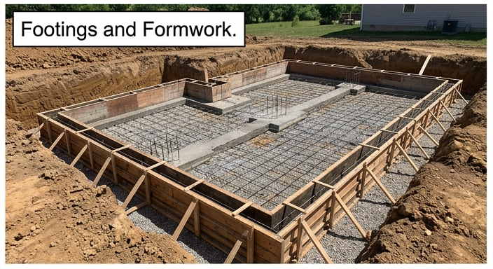 Formwork and structural rebar grid laid out for foundation footings